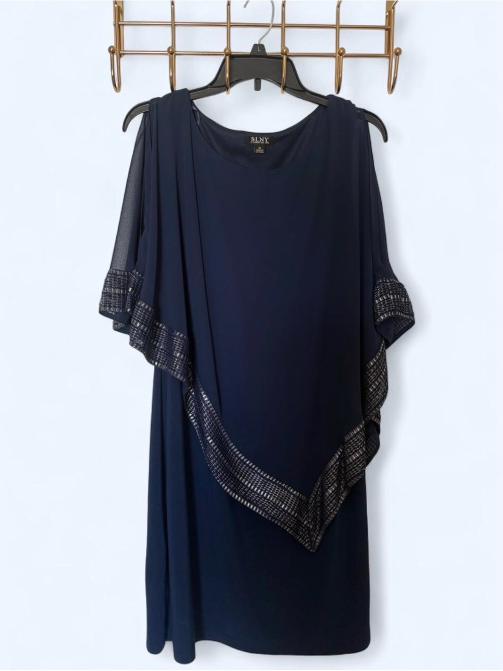 SLNY Navy Beaded Overlay Dress
